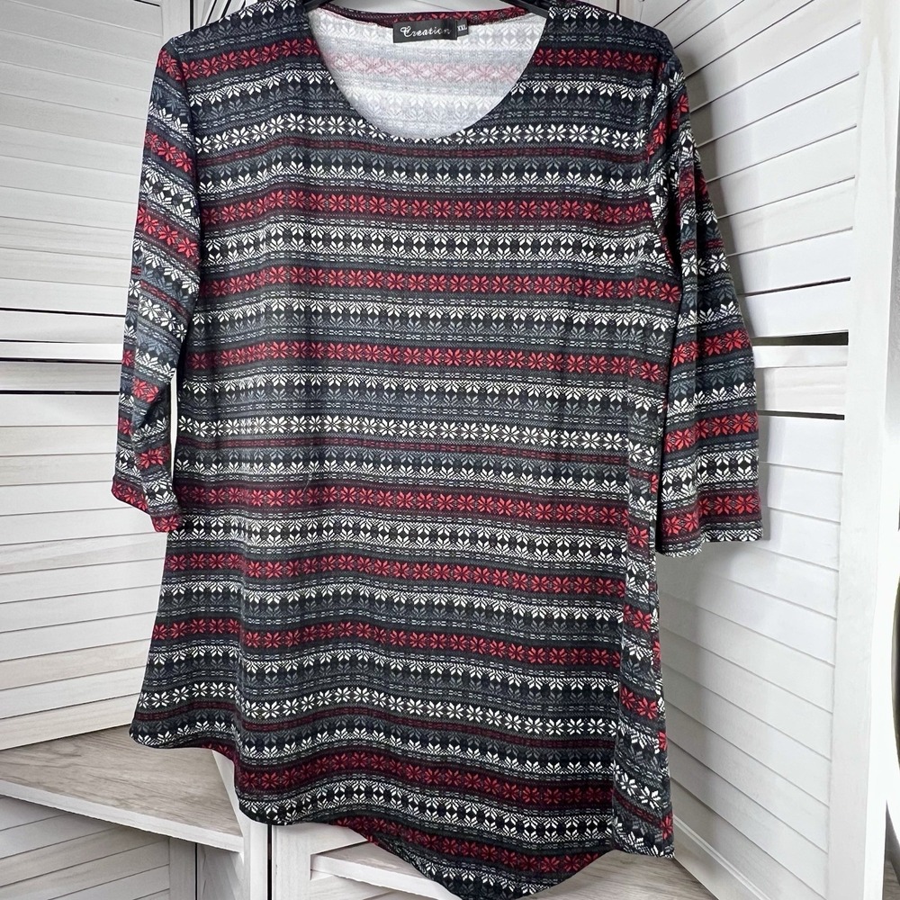 Creation Women's XXL Red Black Fair Isle Print 3/4 Sleeve Stretch Top‎